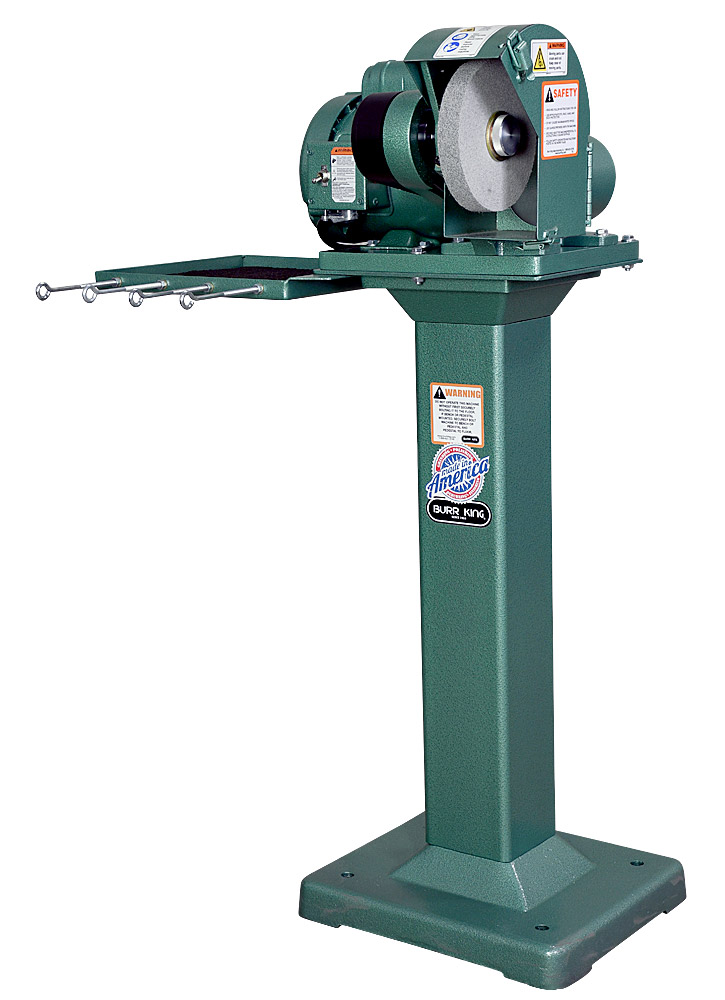 60100 - Model 600 polishing lathe / buffer using optional 1` wide scotchbrite wheel.  Shown on optional 01 fixed height pedestal with 760T-2 tool tray and DS6 dust scoop.